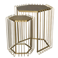 22, 19 Inch 2 Piece Nesting End Side Table Set, Hexagonal Top, Wire Frame, Metal, Antique Brass - UPT-276802