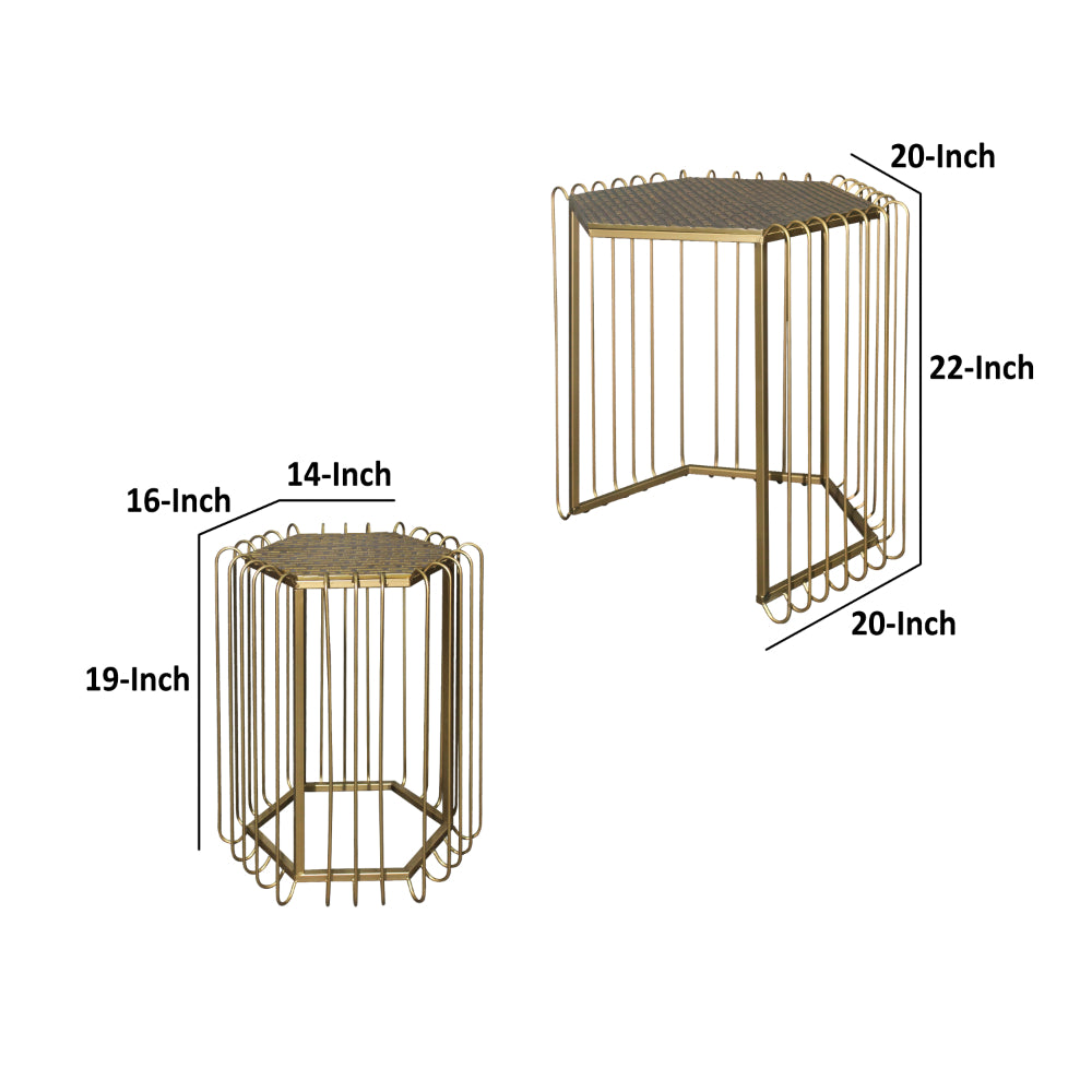 22, 19 Inch 2 Piece Nesting End Side Table Set, Hexagonal Top, Wire Frame, Metal, Antique Brass - UPT-276802