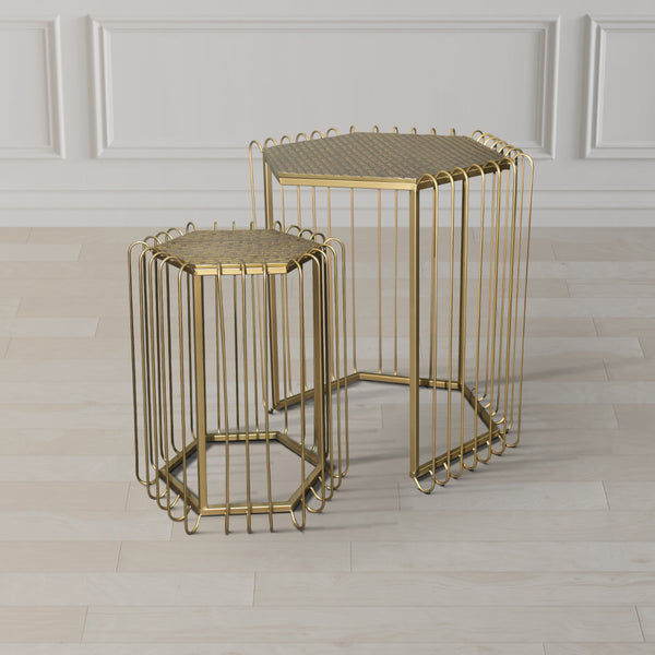 22, 19 Inch 2 Piece Nesting End Side Table Set, Hexagonal Top, Wire Frame, Metal, Antique Brass - UPT-276802