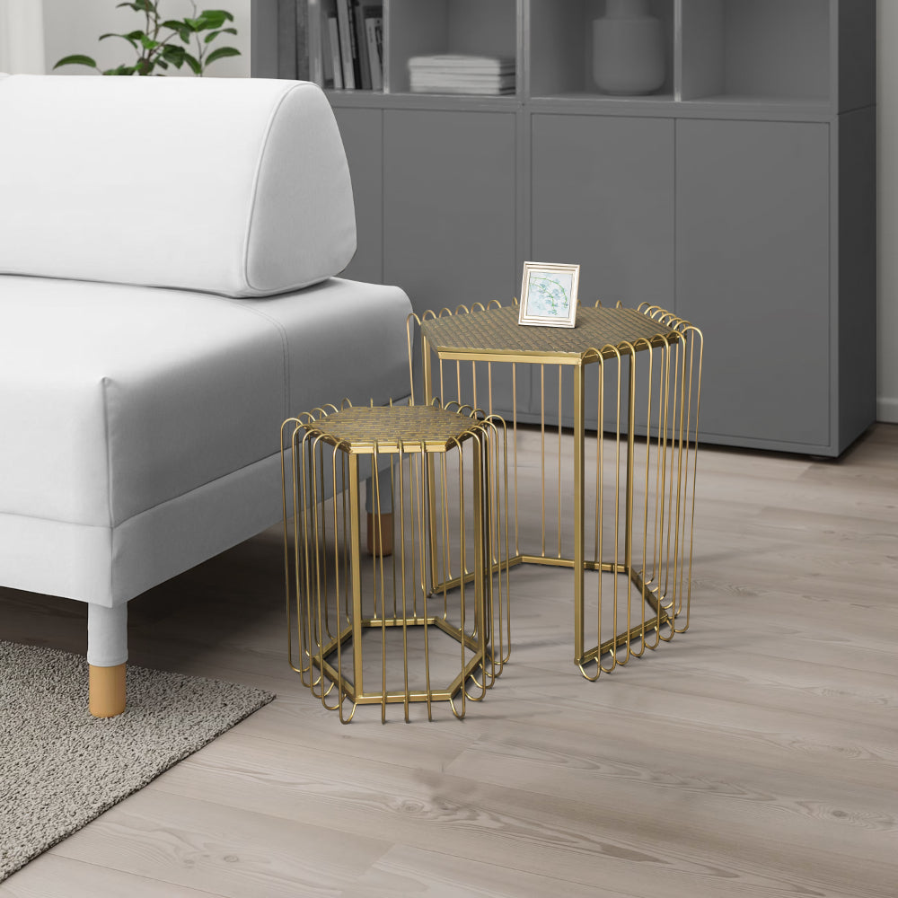 22, 19 Inch 2 Piece Nesting End Side Table Set, Hexagonal Top, Wire Frame, Metal, Antique Brass - UPT-276802