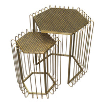 22, 19 Inch 2 Piece Nesting End Side Table Set, Hexagonal Top, Wire Frame, Metal, Antique Brass - UPT-276802