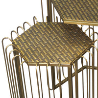 22, 19 Inch 2 Piece Nesting End Side Table Set, Hexagonal Top, Wire Frame, Metal, Antique Brass - UPT-276802