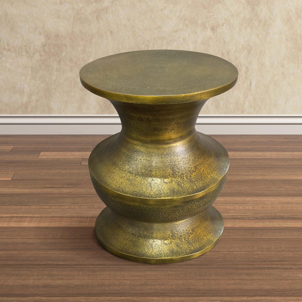 18 Inch Round Accent Side End Table, Turned Pedestal Base, Aluminum, Antique Gold Brass - UPT-276804