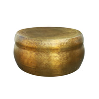 32 Inch Artisanal Round Drum Coffee Table, Hammered Embossed Texturing, Aluminum, Antique Brass - UPT-276805