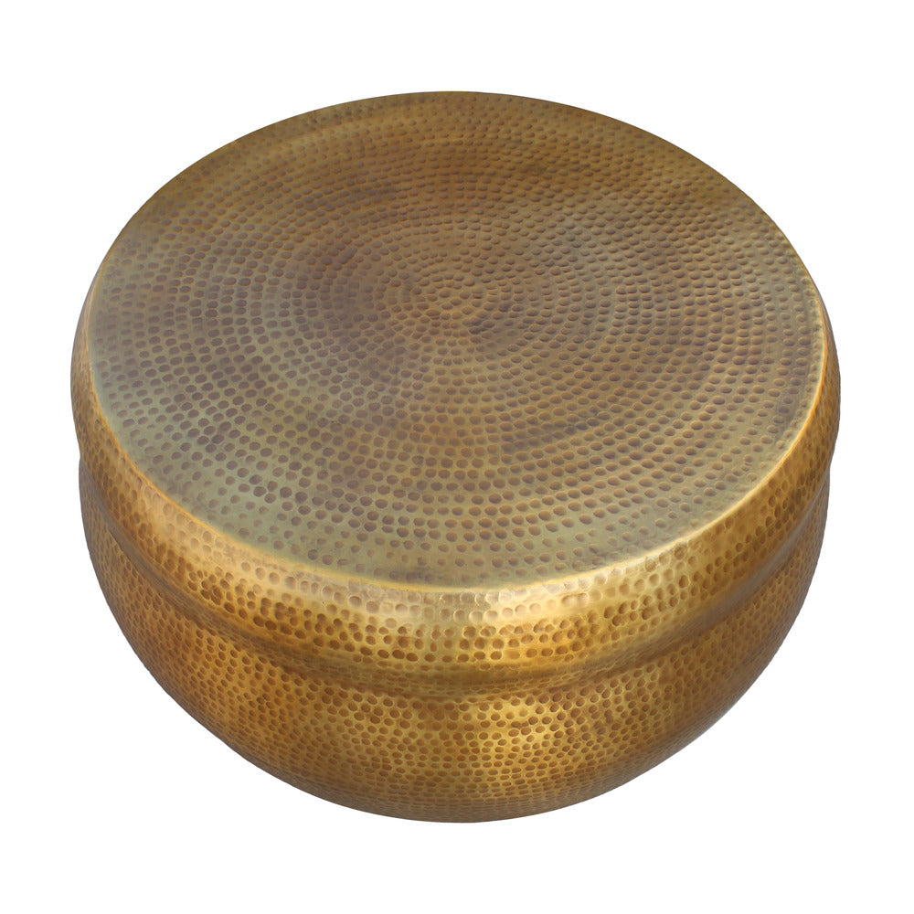 32 Inch Artisanal Round Drum Coffee Table, Hammered Embossed Texturing, Aluminum, Antique Brass - UPT-276805