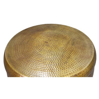 32 Inch Artisanal Round Drum Coffee Table, Hammered Embossed Texturing, Aluminum, Antique Brass - UPT-276805