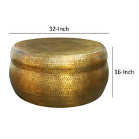 32 Inch Artisanal Round Drum Coffee Table, Hammered Embossed Texturing, Aluminum, Antique Brass - UPT-276805