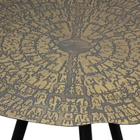 16 Inch Iron Accent End Table, Abstract Tabletop, Artisanal Engravings, Antique Brass, Black - UPT-276806