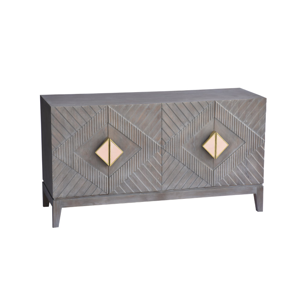 Abiel 55 Inch Mango Wood Sideboard Buffet Cabinet Console, 4 Doors, Inner Shelf, Ornate Diamond Carving, Gray - UPT-276807