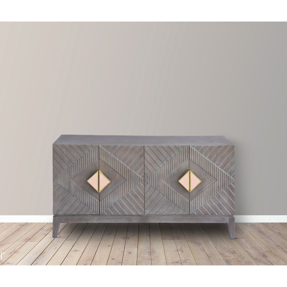 Abiel 55 Inch Mango Wood Sideboard Buffet Cabinet Console, 4 Doors, Inner Shelf, Ornate Diamond Carving, Gray - UPT-276807