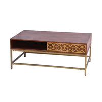 Kalyn 43 Inch Acacia Wood Coffee Table, Geometric Screen Printed Design, 1 Open Compartment, Natural Brown, Brass - UPT-276808