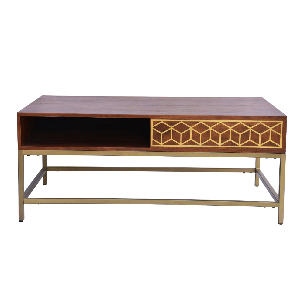 Kalyn 43 Inch Acacia Wood Coffee Table, Geometric Screen Printed Design, 1 Open Compartment, Natural Brown, Brass - UPT-276808