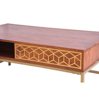 Kalyn 43 Inch Acacia Wood Coffee Table, Geometric Screen Printed Design, 1 Open Compartment, Natural Brown, Brass - UPT-276808