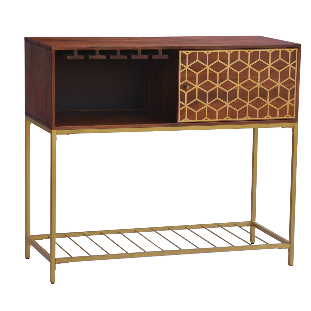 Kalyn 48 Inch Acacia Wood Bar Cabinet, 1 Door, Metal Frame, Geometric Screen Printed Design, Brown, Brass - UPT-276809