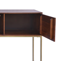 Kalyn 48 Inch Acacia Wood Bar Cabinet, 1 Door, Metal Frame, Geometric Screen Printed Design, Brown, Brass - UPT-276809