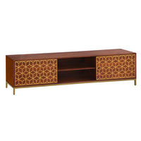 Kalyn 75 Inch Handcrafted TV Media Console Entertainment Center, 2 Doors, Center Shelf, Geometric Screen Printed Design, Brown Acacia Wood, Brass - UPT-276810