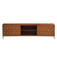 Kalyn 75 Inch Handcrafted TV Media Console Entertainment Center, 2 Doors, Center Shelf, Geometric Screen Printed Design, Brown Acacia Wood, Brass - UPT-276810