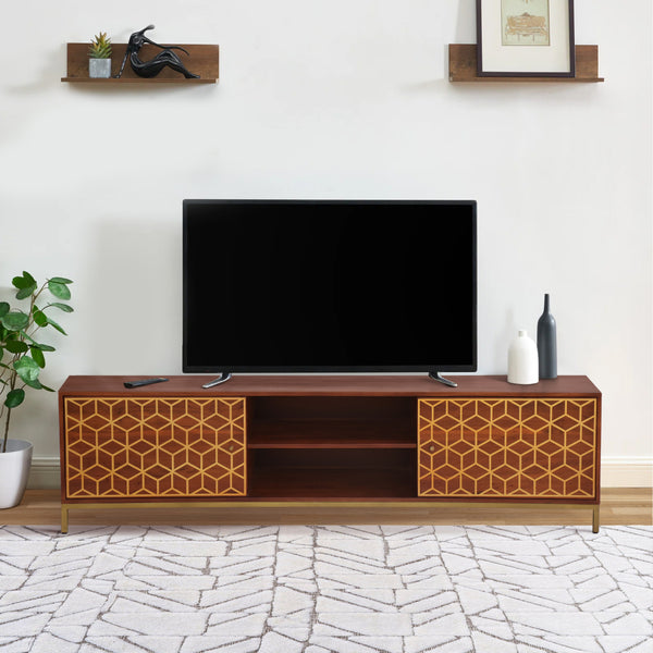 Kalyn 75 Inch Handcrafted TV Media Console Entertainment Center, 2 Doors, Center Shelf, Geometric Screen Printed Design, Brown Acacia Wood, Brass - UPT-276810