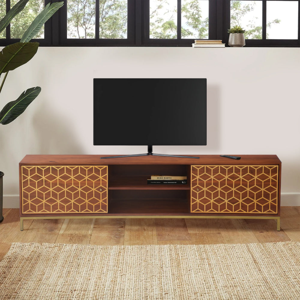 Kalyn 75 Inch Handcrafted TV Media Console Entertainment Center, 2 Doors, Center Shelf, Geometric Screen Printed Design, Brown Acacia Wood, Brass - UPT-276810