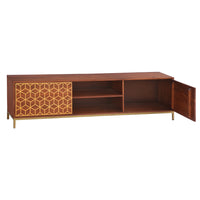 Kalyn 75 Inch Handcrafted TV Media Console Entertainment Center, 2 Doors, Center Shelf, Geometric Screen Printed Design, Brown Acacia Wood, Brass - UPT-276810