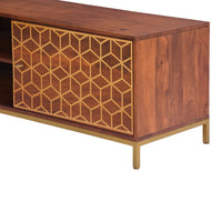 Kalyn 75 Inch Handcrafted TV Media Console Entertainment Center, 2 Doors, Center Shelf, Geometric Screen Printed Design, Brown Acacia Wood, Brass - UPT-276810