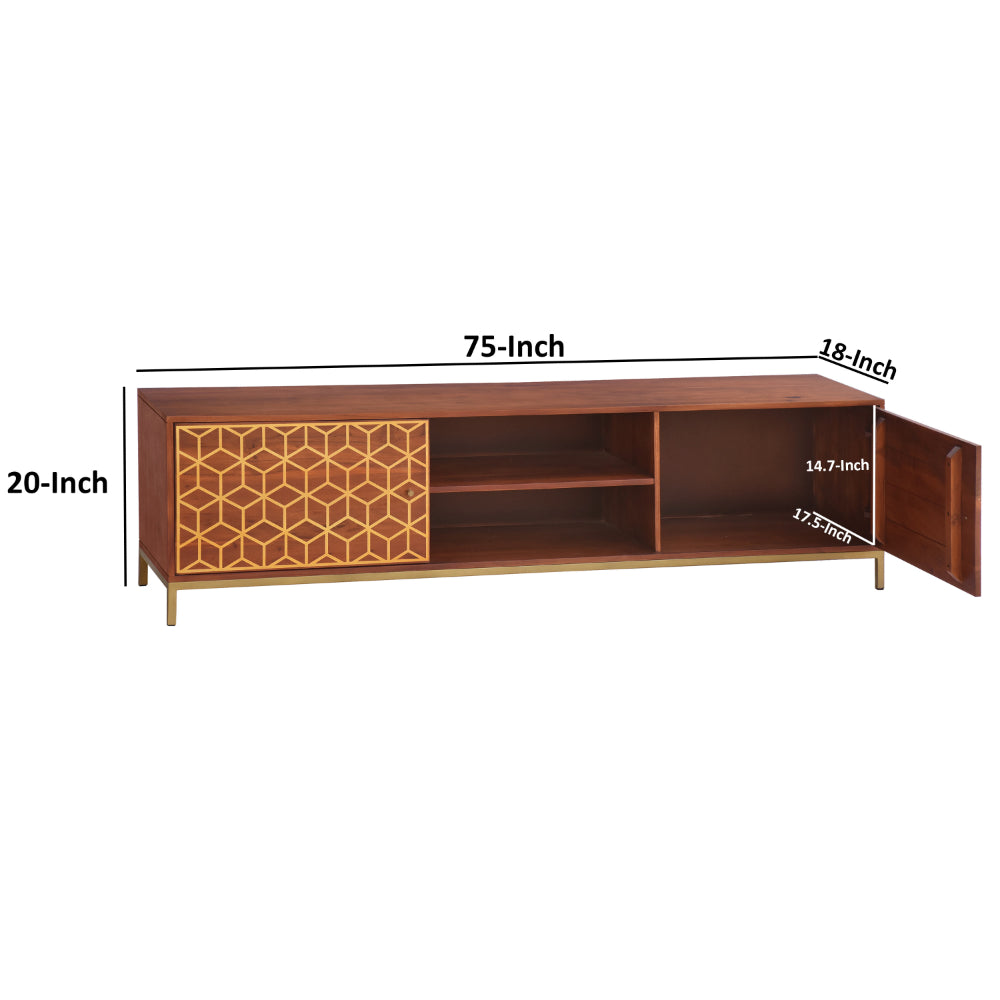 Kalyn 75 Inch Handcrafted TV Media Console Entertainment Center, 2 Doors, Center Shelf, Geometric Screen Printed Design, Brown Acacia Wood, Brass - UPT-276810