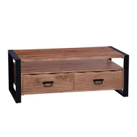 47 Inch Handcrafted Coffee Table, Live Edge Detailing, 2 Drawers, Open Center Compartment, Black Iron Frame, Brown Acacia Wood - UPT-276811