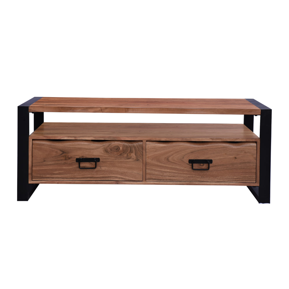 47 Inch Handcrafted Coffee Table, Live Edge Detailing, 2 Drawers, Open Center Compartment, Black Iron Frame, Brown Acacia Wood - UPT-276811