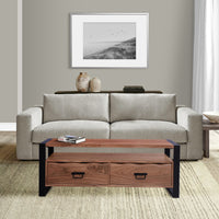 47 Inch Handcrafted Coffee Table, Live Edge Detailing, 2 Drawers, Open Center Compartment, Black Iron Frame, Brown Acacia Wood - UPT-276811