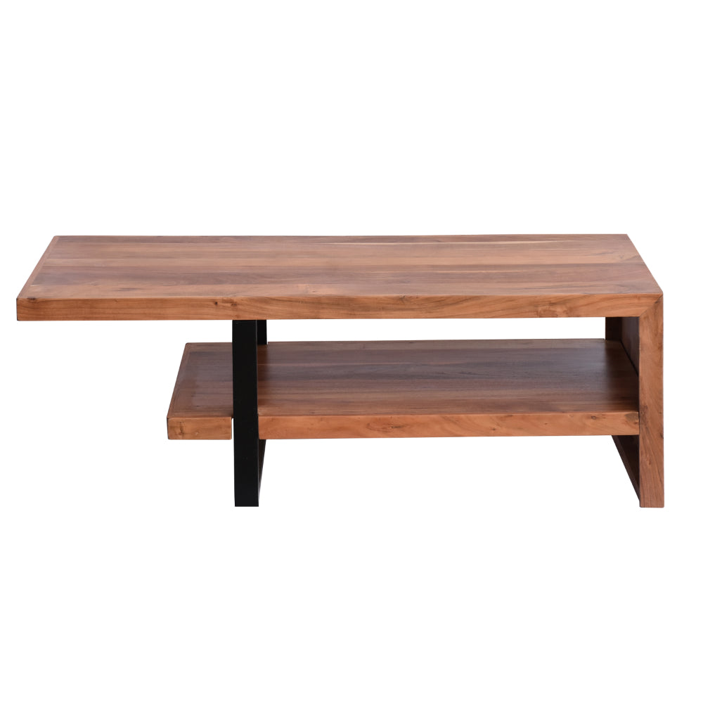 52 Inch Handcrafted Live Edge Coffee Table,  Black Iron Frame, Brown Acacia Wood - UPT-276812