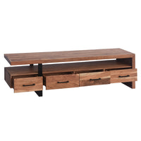 Fiona 70 Inch Farmhouse TV Media Entertainment Console, 4 Drawers, Acacia Wood, Metal Frame, Natural Brown, Black - UPT-276813