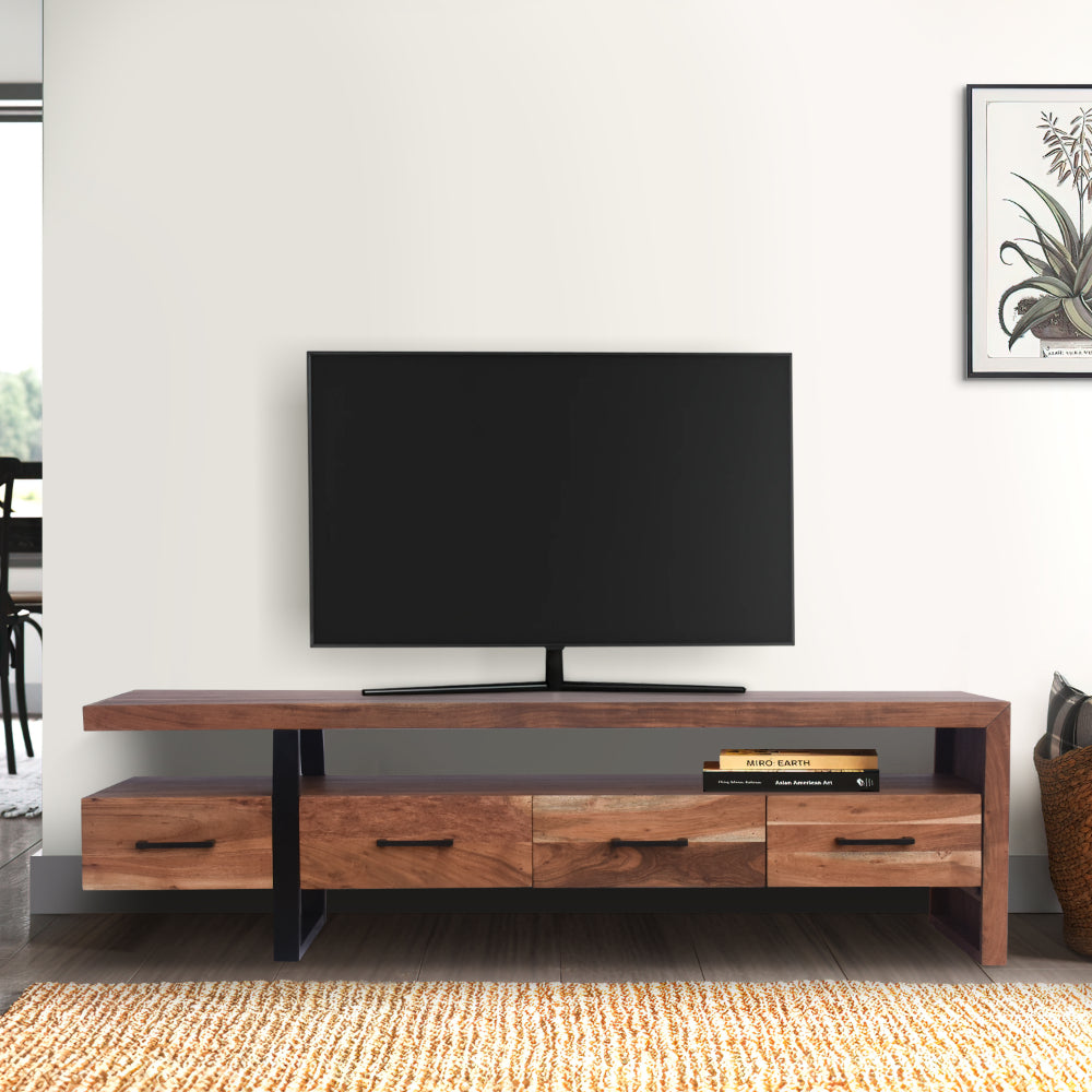 Fiona 70 Inch Farmhouse TV Media Entertainment Console, 4 Drawers, Acacia Wood, Metal Frame, Natural Brown, Black - UPT-276813