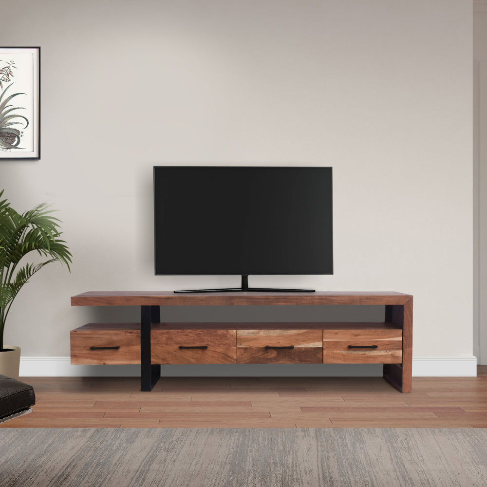 Fiona 70 Inch Farmhouse TV Media Entertainment Console, 4 Drawers, Acacia Wood, Metal Frame, Natural Brown, Black - UPT-276813