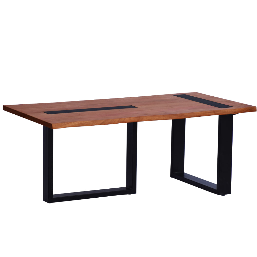 Fiona 45 Inch Farmhouse Coffee Table Acacia Wood, Rectangular, Metal Frame, Natural Brown, Black - UPT-276814