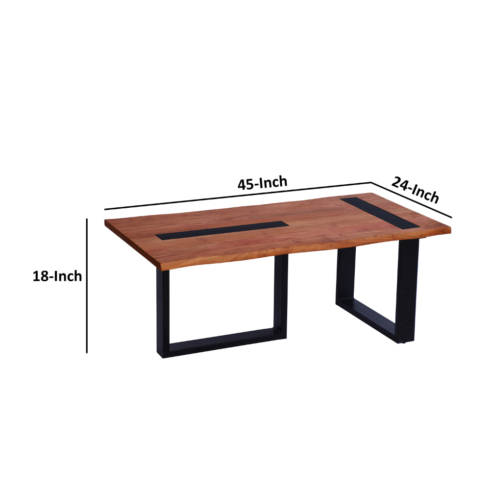 Fiona 45 Inch Farmhouse Coffee Table Acacia Wood, Rectangular, Metal Frame, Natural Brown, Black - UPT-276814