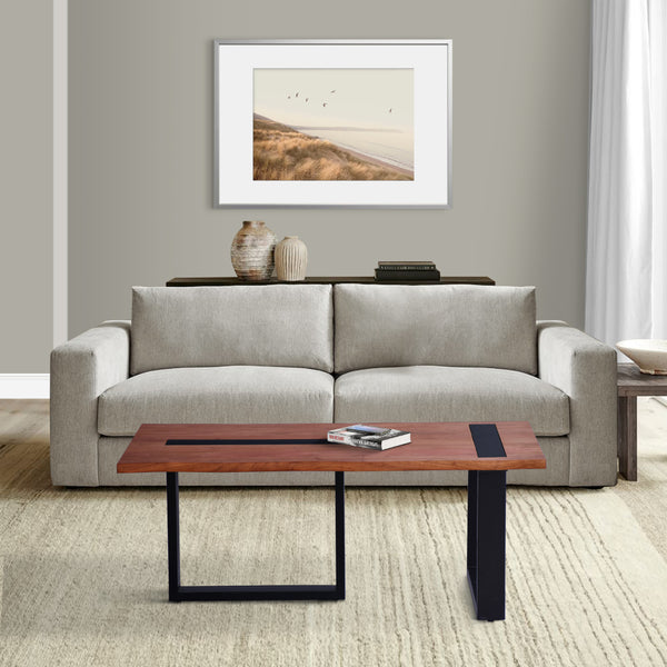 Fiona 45 Inch Farmhouse Coffee Table Acacia Wood, Rectangular, Metal Frame, Natural Brown, Black - UPT-276814