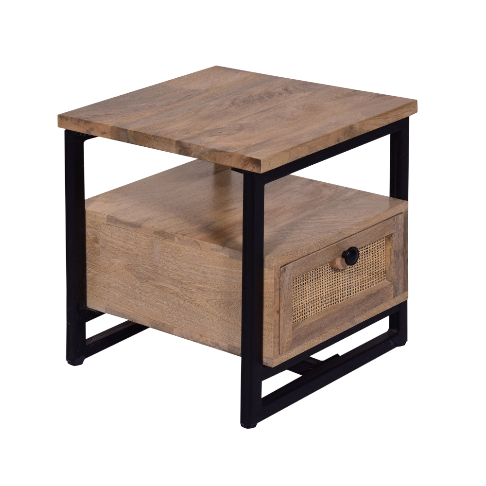 18 Inch Nightstand End Table, 1 Drawer, Open Storage, Natural Brown Mango Wood with a Rectangular Black Iron Frame - UPT-277212