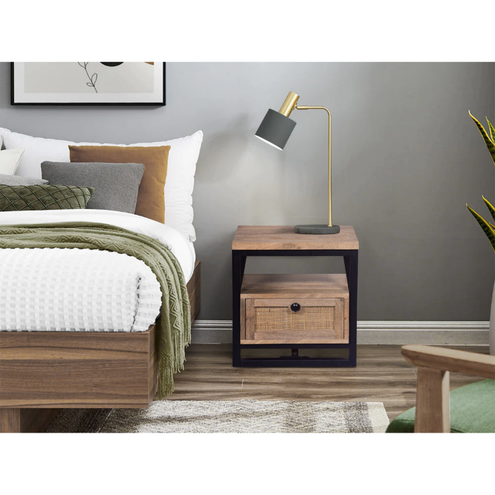 18 Inch Nightstand End Table 1 Drawer Open Storage Natural Brown Mango Wood with a Rectangular Black Iron Frame UPT 277212