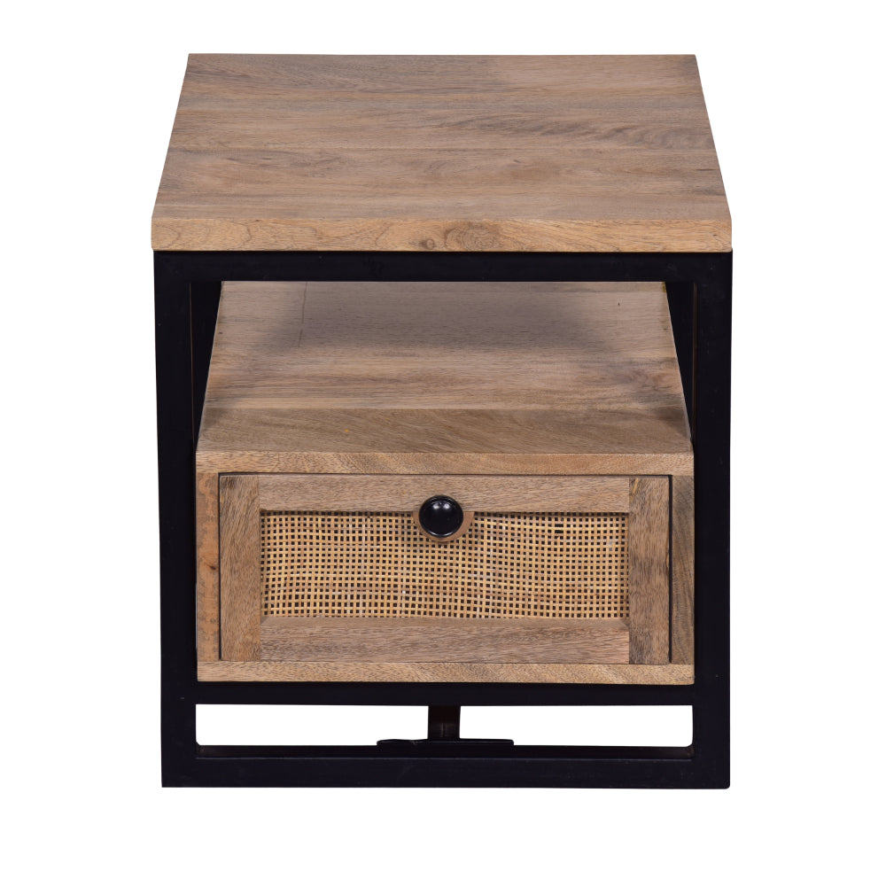 18 Inch Nightstand End Table, 1 Drawer, Open Storage, Natural Brown Mango Wood with a Rectangular Black Iron Frame - UPT-277212