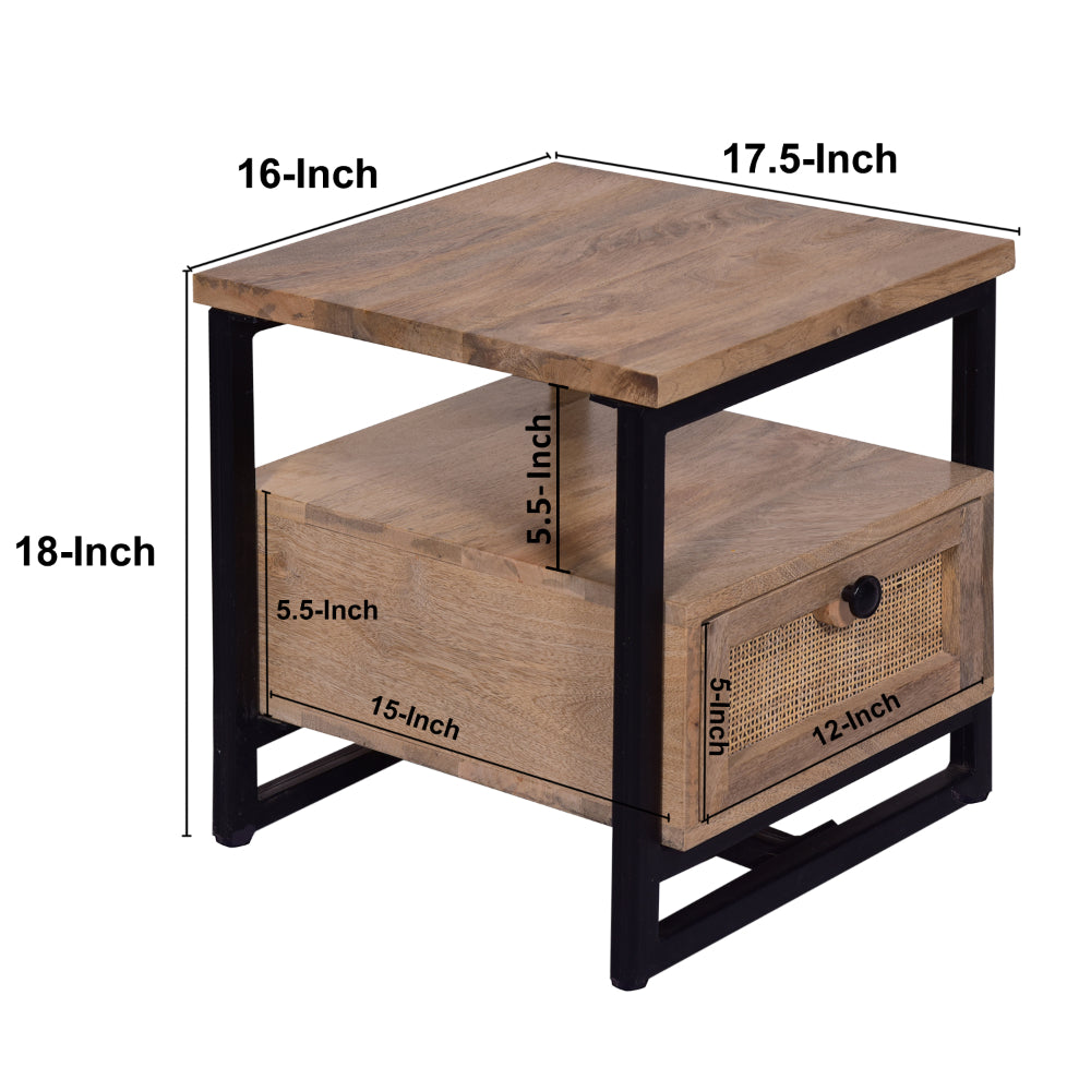 18 Inch Nightstand End Table, 1 Drawer, Open Storage, Natural Brown Mango Wood with a Rectangular Black Iron Frame - UPT-277212