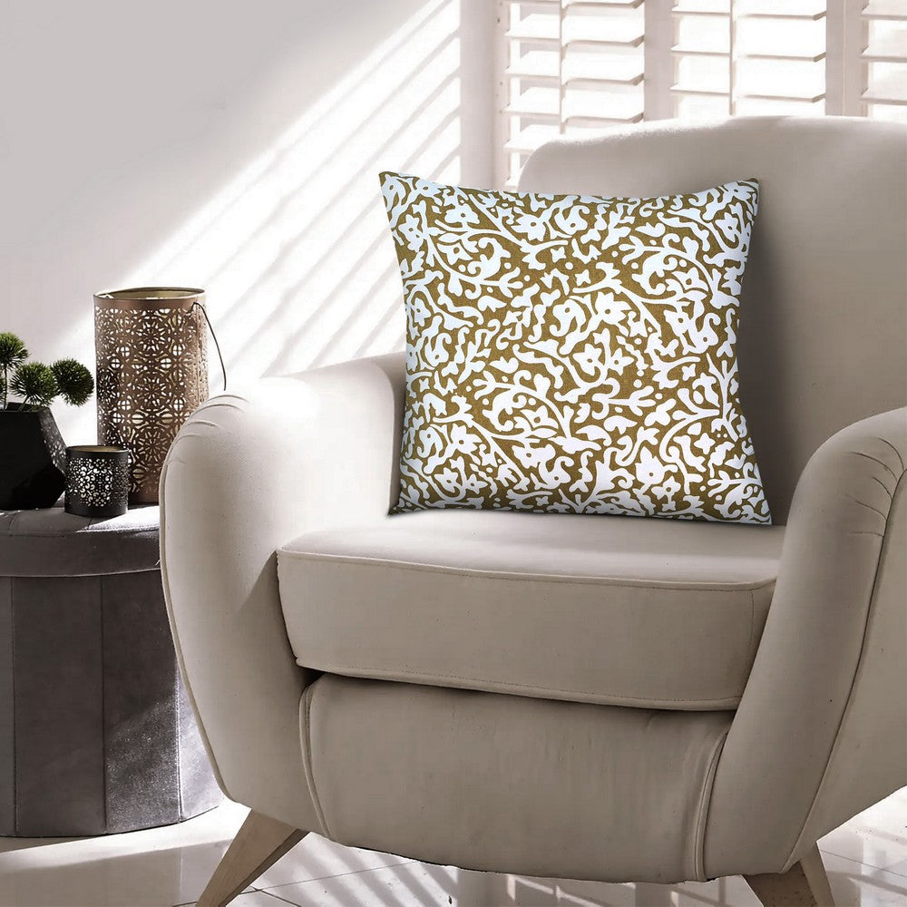 18 x 18 Cotton Square Accent Throw Pillows, Elegant Filigree Pattern, Set of 2, White, Gold - UPT-280401