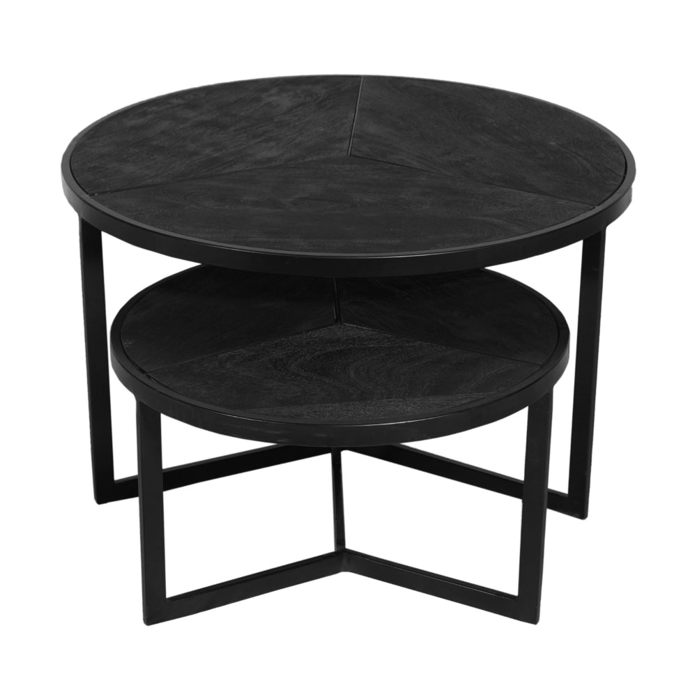 28, 20 Inch Round Nesting Coffee Table Set Of 2, Handcrafted Mango Wood Charcoal Gray Top, Black Iron Base - UPT-282966