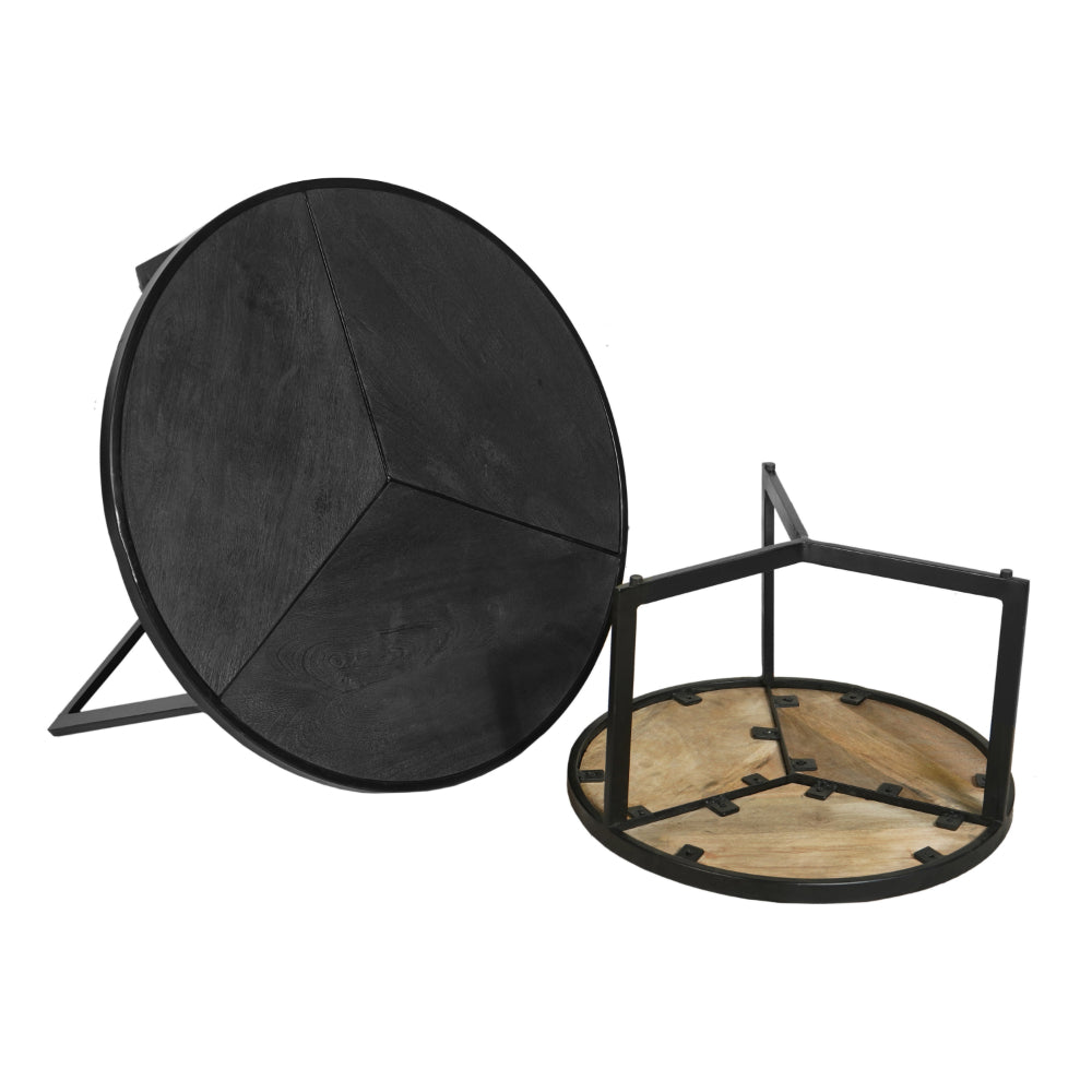 28, 20 Inch Round Nesting Coffee Table Set Of 2, Handcrafted Mango Wood Charcoal Gray Top, Black Iron Base - UPT-282966