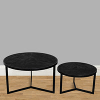 28, 20 Inch Round Nesting Coffee Table Set Of 2, Handcrafted Mango Wood Charcoal Gray Top, Black Iron Base - UPT-282966