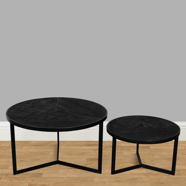 28, 20 Inch Round Nesting Coffee Table Set Of 2, Handcrafted Mango Wood Charcoal Gray Top, Black Iron Base - UPT-282966