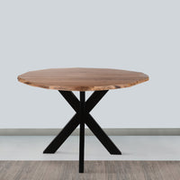Kuri 41 Inch Handcrafted Live Edge Round Dining Table with a Natural Brown Acacia Wood Top and Black Iron Legs - UPT-282967