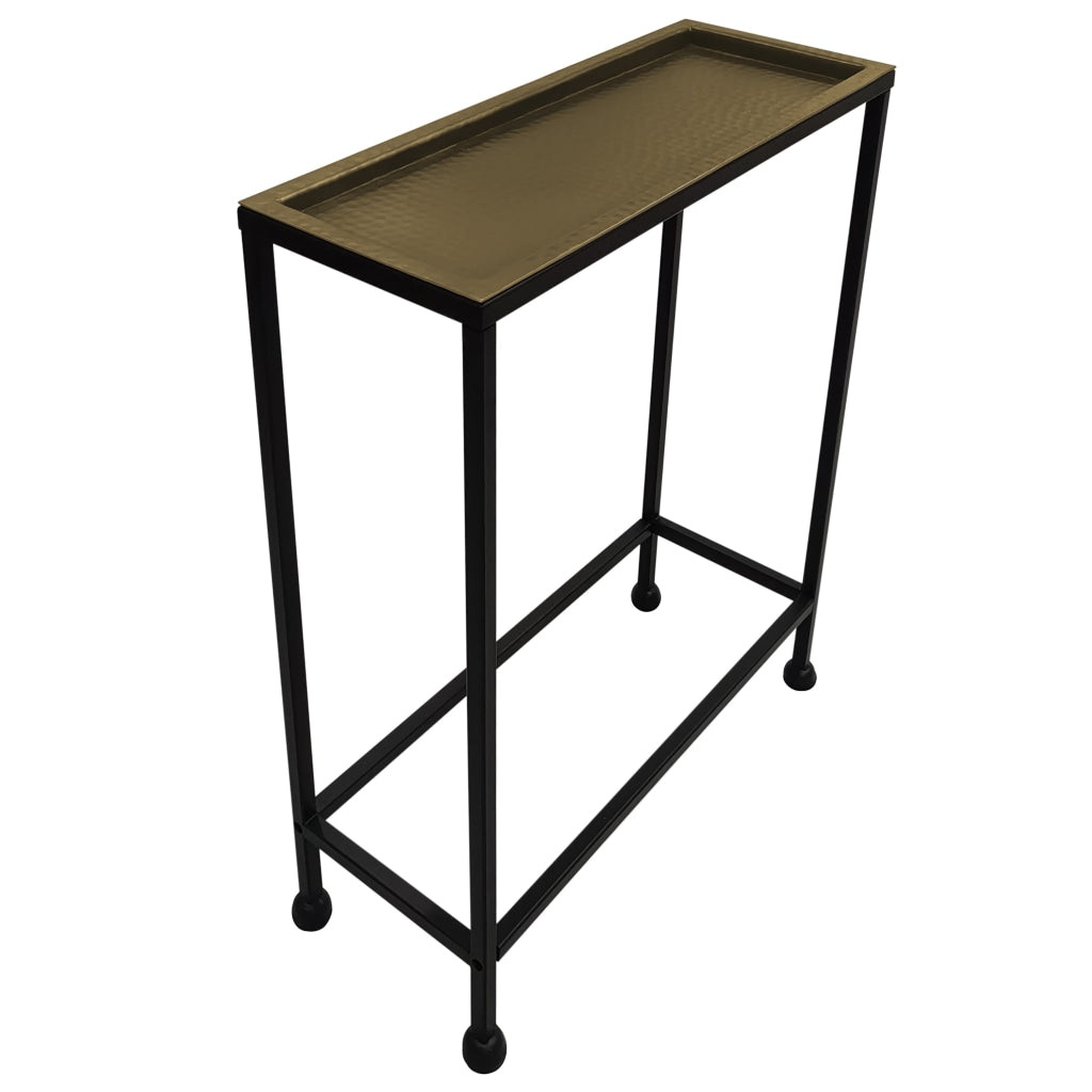 Aurelia 20 Inch Artisanal Side End Table, Hammered Tray Top, Antique Bronze, Industrial Black Iron Frame -  UPT-286691