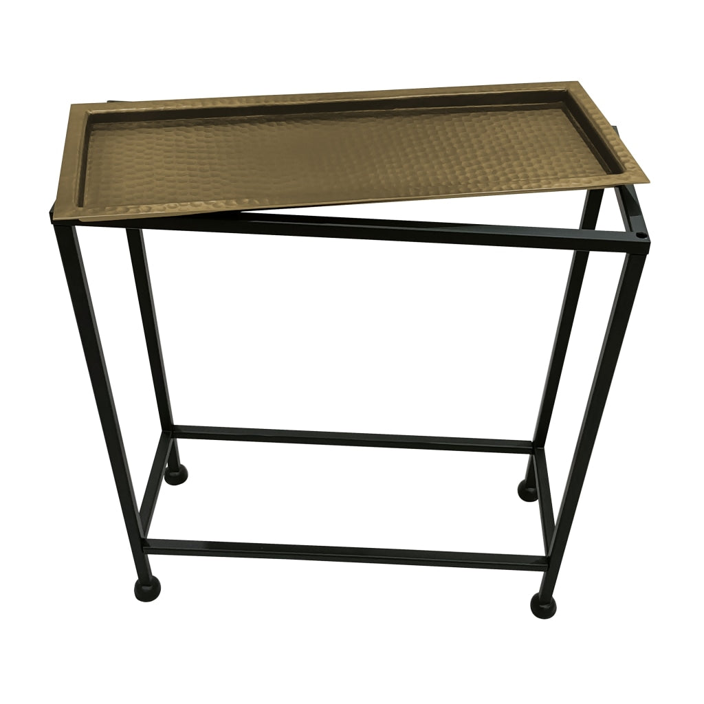 Aurelia 20 Inch Artisanal Side End Table, Hammered Tray Top, Antique Bronze, Industrial Black Iron Frame -  UPT-286691