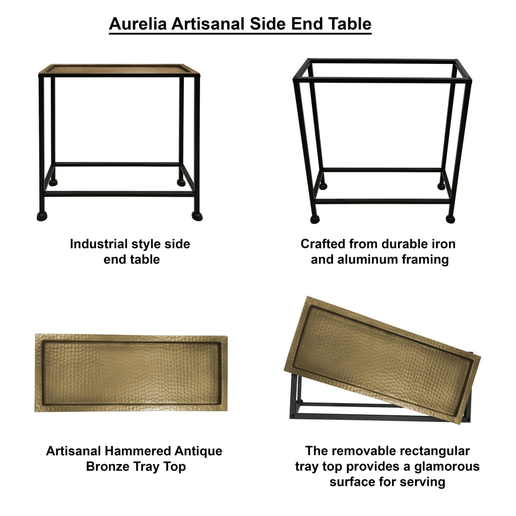 Aurelia 20 Inch Artisanal Side End Table, Hammered Tray Top, Antique Bronze, Industrial Black Iron Frame -  UPT-286691