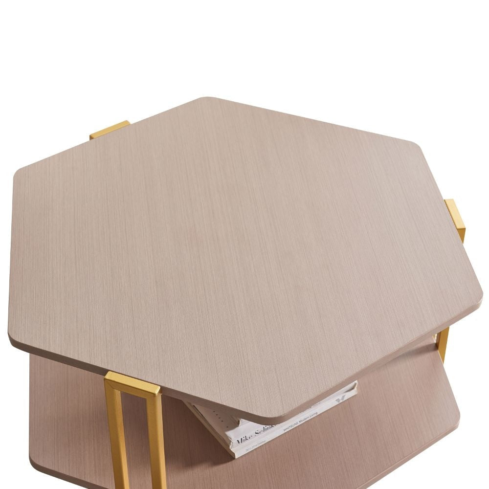 36 Inch Hexagonal Modern Coffee Table, Wood Top and Shelf, Gold Metal Legs By The Urban Port